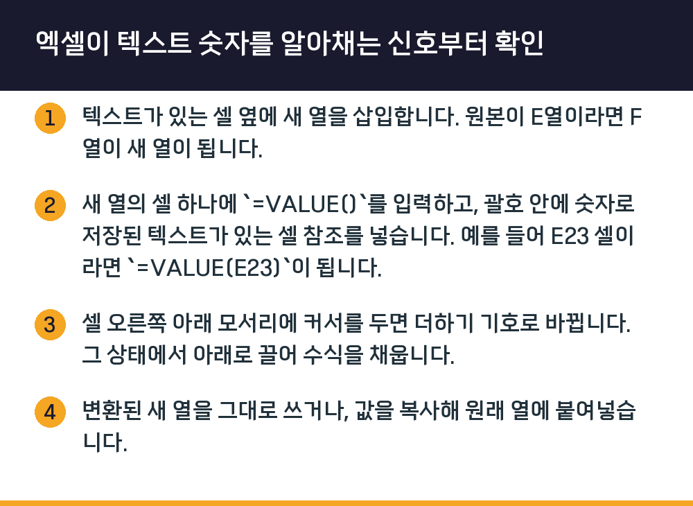 엑셀이 텍스트 숫자를 알아채는 신호부터 확인